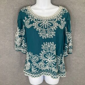 Solitaire Top Womens‎ Sz XL Teal Embroidered Blouse Bohemian Floral Romantic